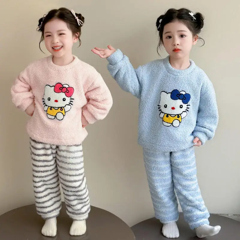 سانريو مرحبا كيتي البلوز منامة قطعتين مجموعة فتاة الخريف المرجان الصوف القمم السراويل الطفل kawaii أنيمي الكرتون ملابس منزلية جديدة #1