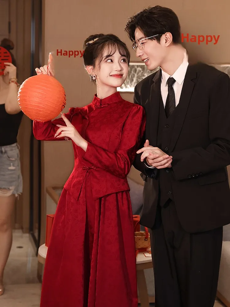 

Red New Chinese Sle Engagement Ceremony Dr Set Long Sve A-Line Midi Skirt for Wedding And Banquet