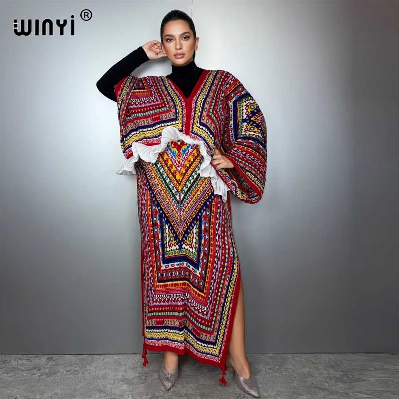 WINYI 보헤미안 프린트 드레스 여성용 크럼플 디자인 루즈핏 로브 맥시 롱 드레스 휴가 파티 우아한 플리츠 드레스