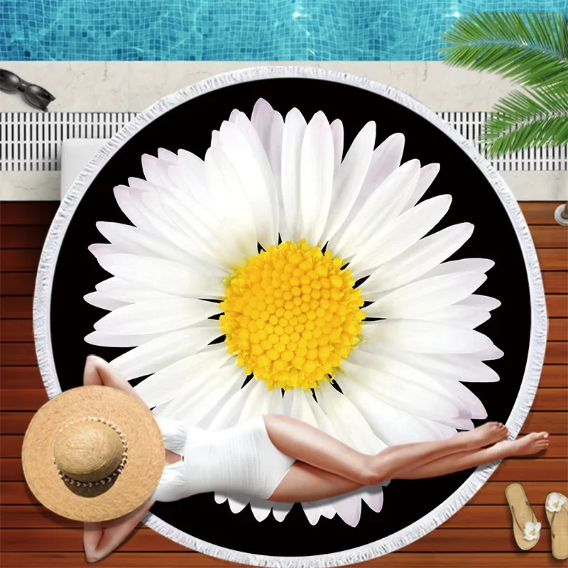 Daisy Beach Towel Tassels Round Quick Dry Outdoor Summer Sea Blanket Sunflower Plant Kawaii Beach Carpet Yoga Picnic Mat