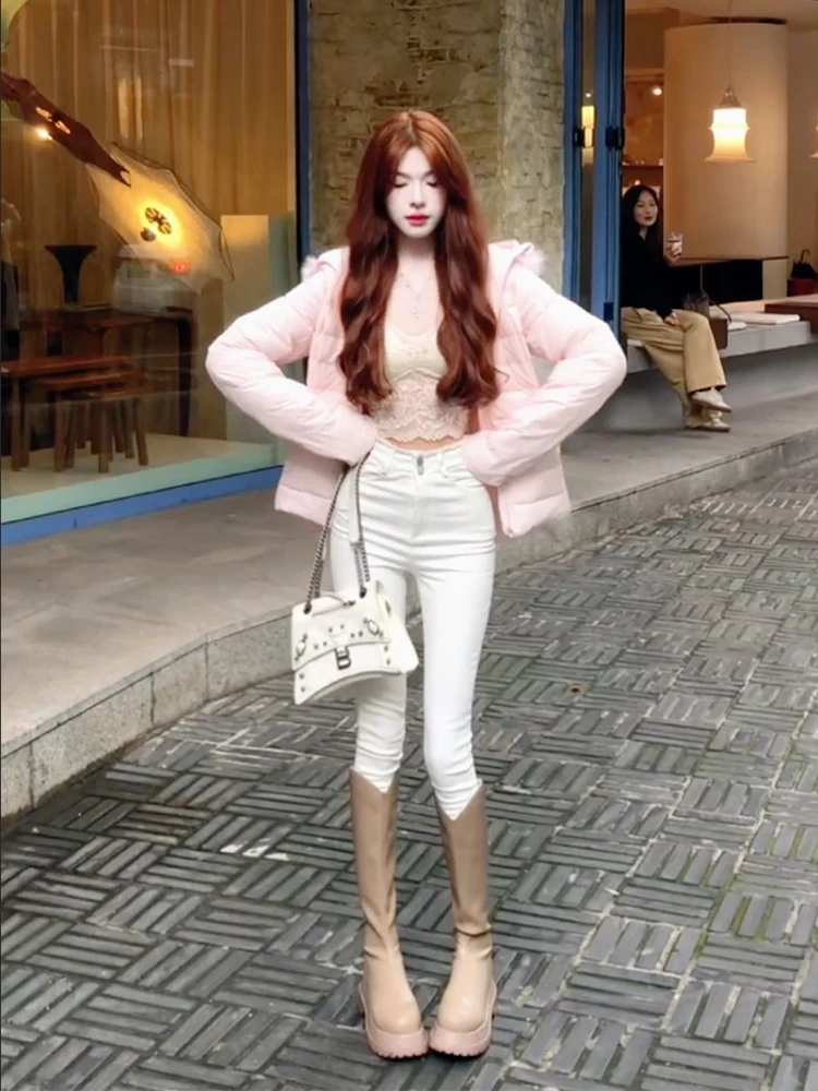 Damen Thiened White Du Down Jaet-Mantel mit Pelzkragen, tailliertem, wärmendem Brotmantel, Reißverschluss-Design