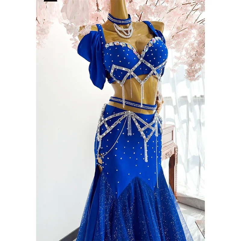 2024 Belly Dance Suit Diamond Bra Belt Chiffon Big Swing Skirt Performance Set High-End Custom Adult Child Competition Clothing