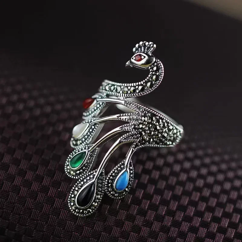 Ethnic Style 925 Silver Multicolored Gemstone Exquisite Peacock Ring for women Vintage Exaggerated Elegant Jewelry Opening