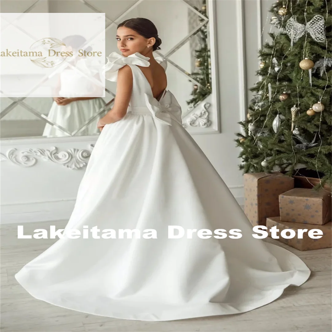 Customization Wedding Birthday With Bow First Flower Girl Dresses Sleeveless Banquet Satin Solid For  Communion Gowns