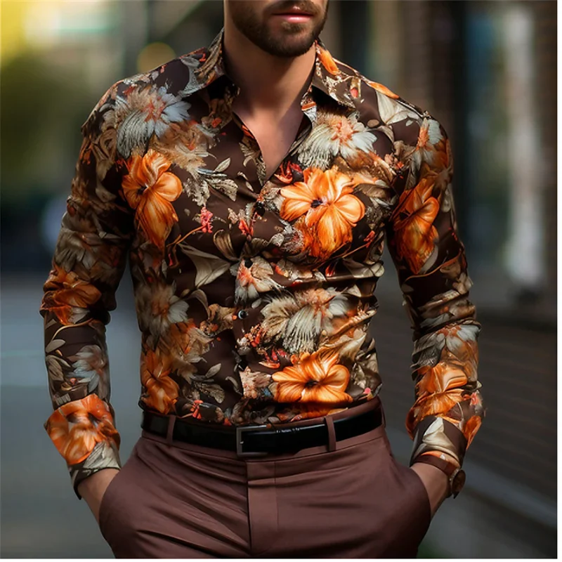 Camisa manga comprida floral masculina com impressão 3D, roupa de lapela, exterior, amarelo, rosa, azul, roxo, verde, estilista de rua, casual