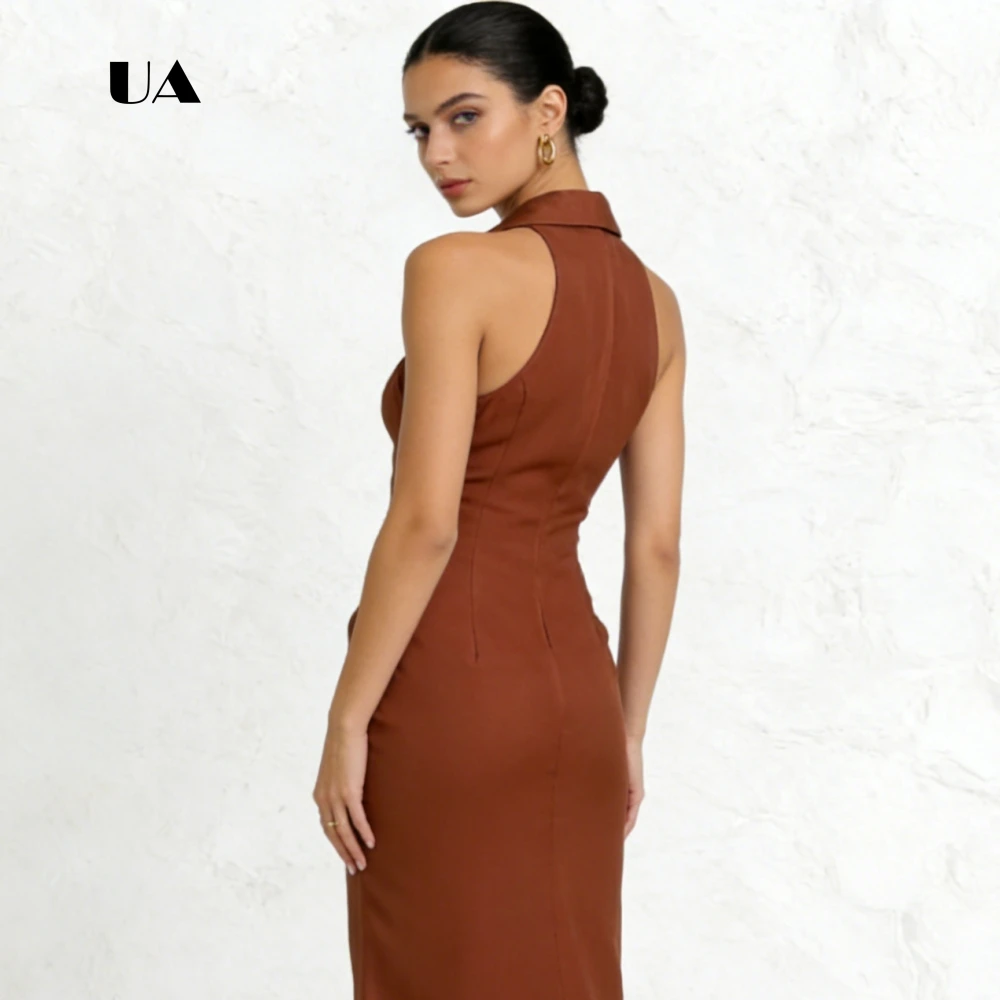 ULBYANRY Chiffon Sleeveless Prom Dress, Solid Turn-down Collar Button Evening Dress for Woman, Simple Slit Customized Party Gown