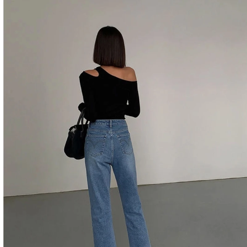 Long Sleeve Hollow Out Off Shoulder Slim Sexy Tops Women Clothes Spring Autumn New Solid Simplicity Sexy T Shirts Fashion Korean