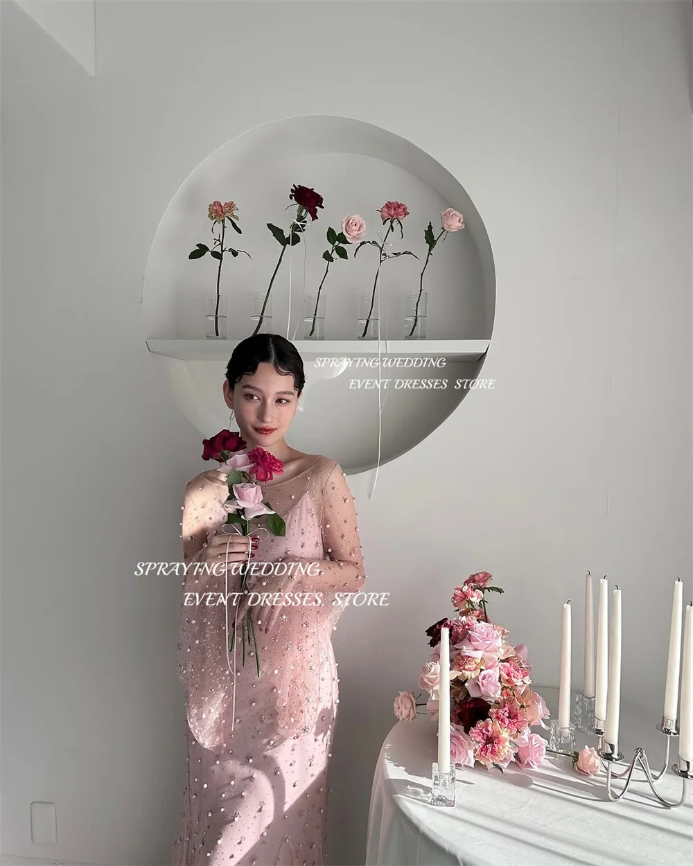 SPRAYING Luksusowa różowa suknia wieczorowa z koralikami Syrenka Długa koreańska suknia ślubna O Neck Gorset z długim rękawem Dostosowane 2025