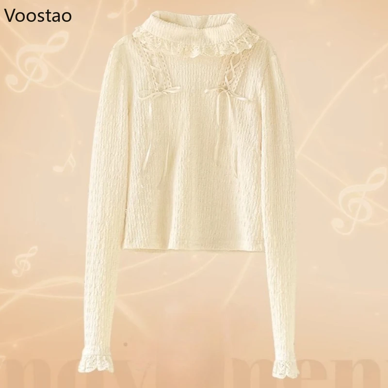 

Autumn Winter Sweet Lolita Blouse Women Kawaii Half High Collar Lace Bandage Long Sleeve Cute Princess Tops Girl Aesthetic Shirt