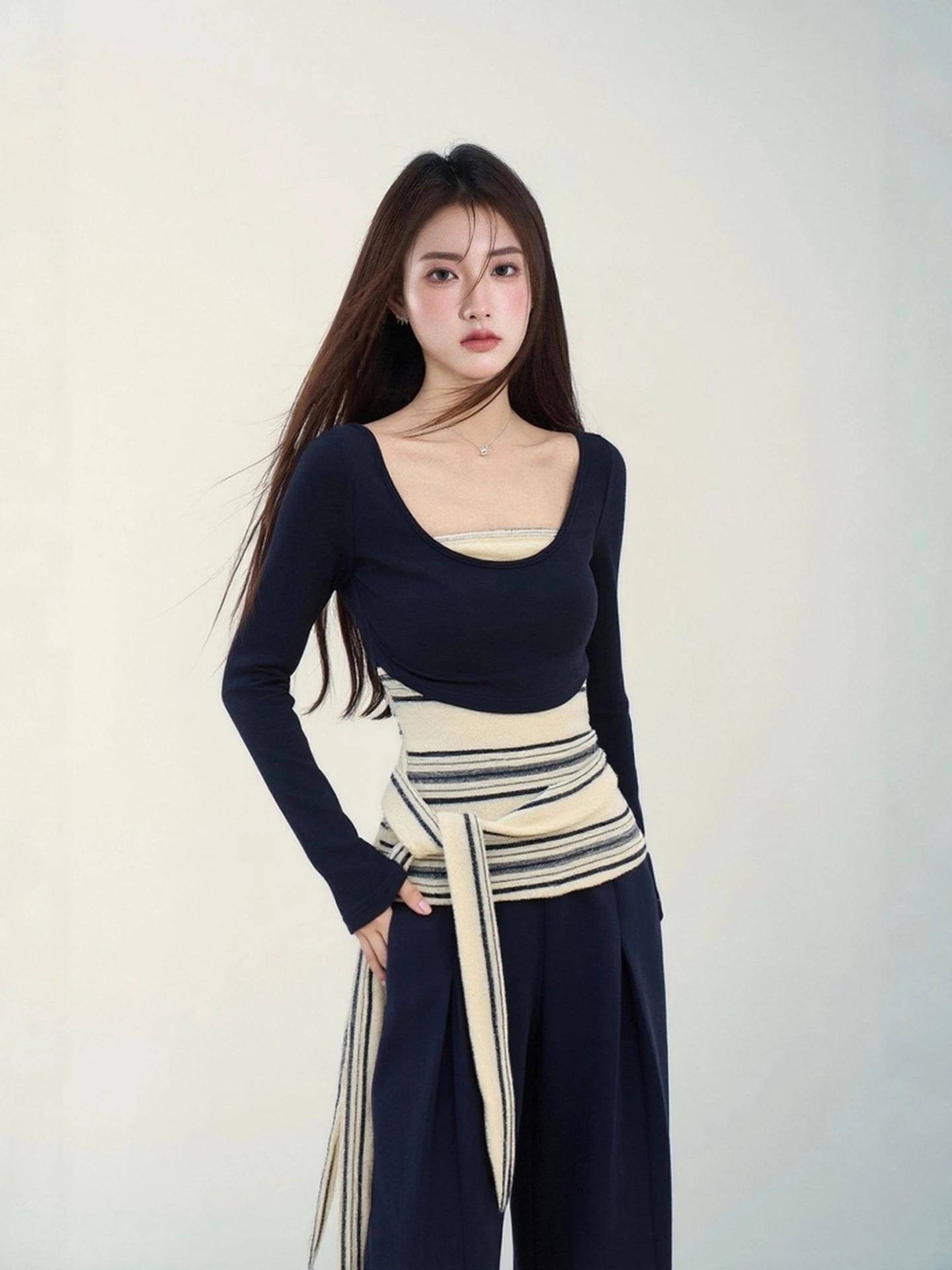

LIXIAOWAN Women's Knitted Stripe Tube Top Vest Svel T-irt Two-Piece Set High Waist Warm Long Sve Spring Faion