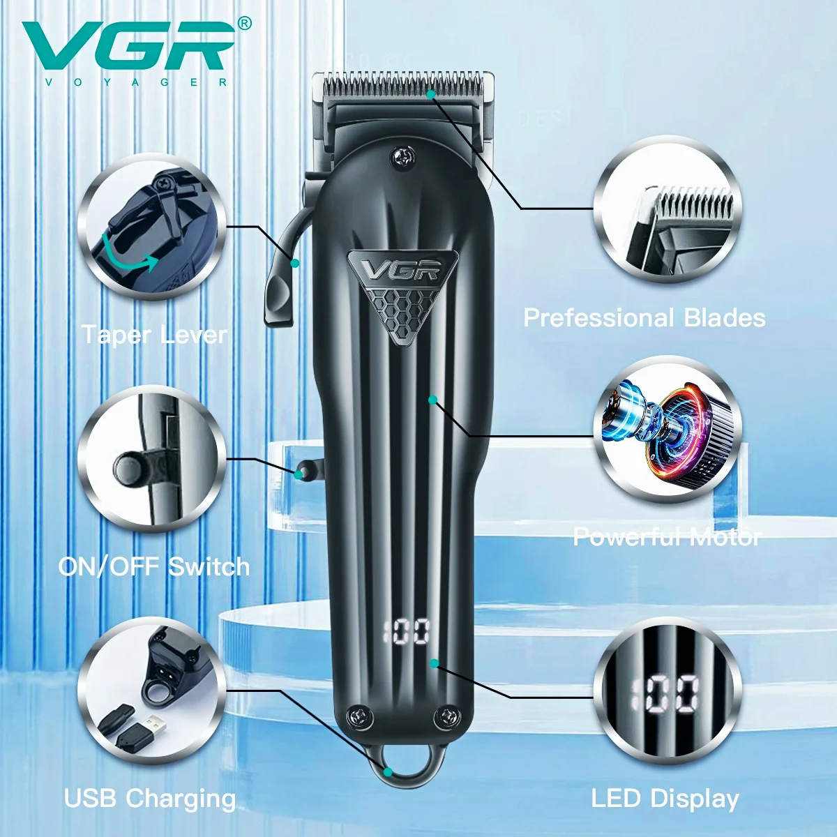 VGR Hair Trimmer Professional Hair Cutting Machine Cordless Hair Clipper Barber Rechargeable Clipper LED Trimmer for Men V-282