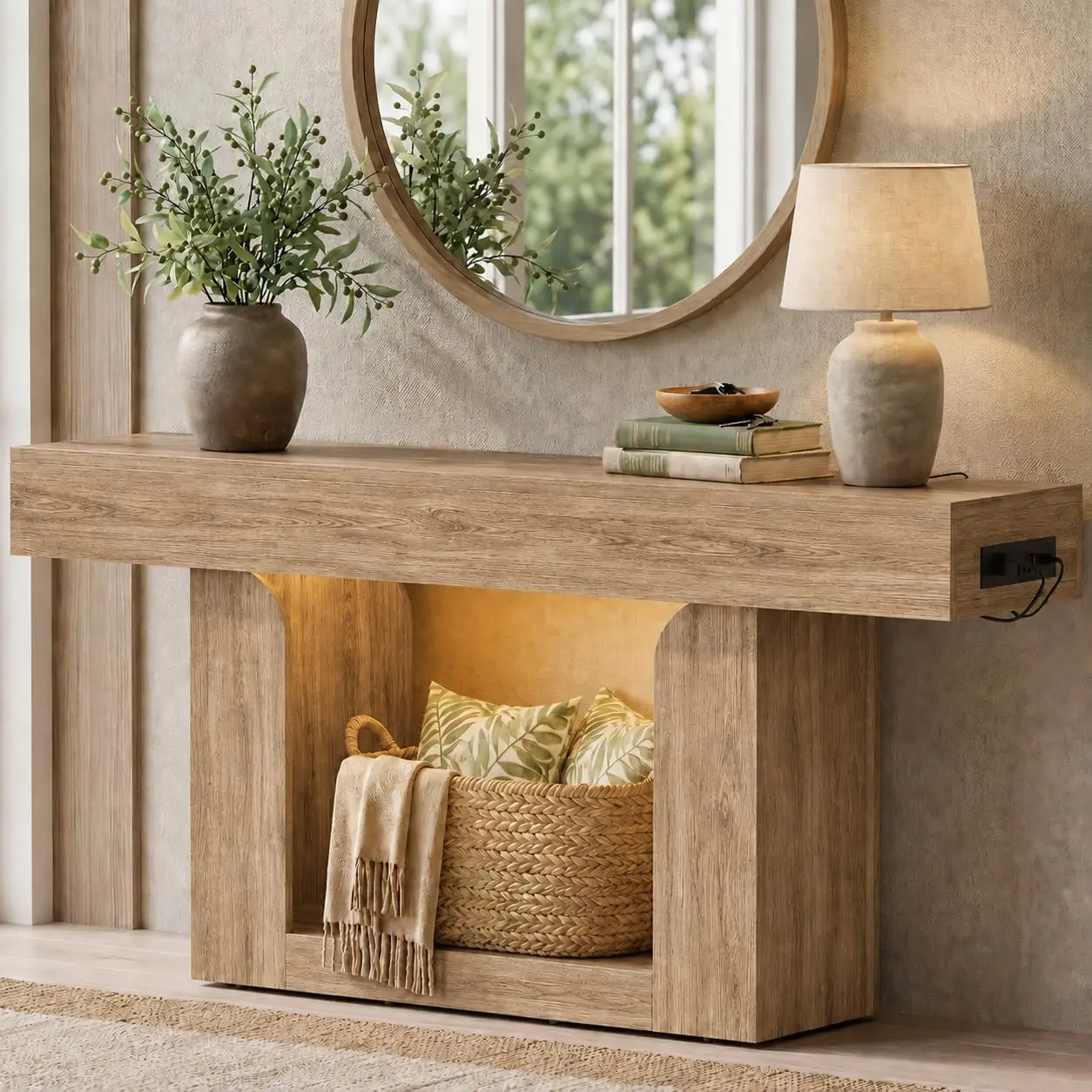 Console Table, 63" Entryway Table with Charging Station