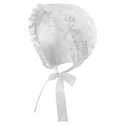Baby Girls Lace Cap Christening Party Embroidered Lace Bonnet Ruffle Applique Hat for Birthday Newborn Baby Photography Props