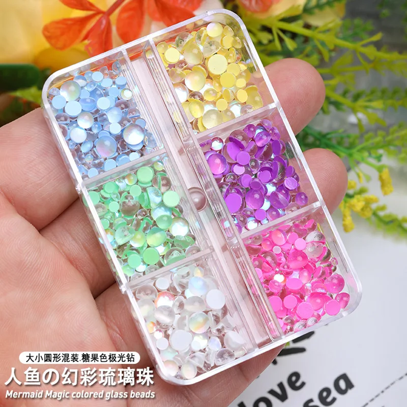 3D Boxed Mermaid Bead Nail Rhinestone Aurora 3/4/5mm Flatback Crystal Glass Nail Art Gem Bubble Bead Diamond Manicure Decoration