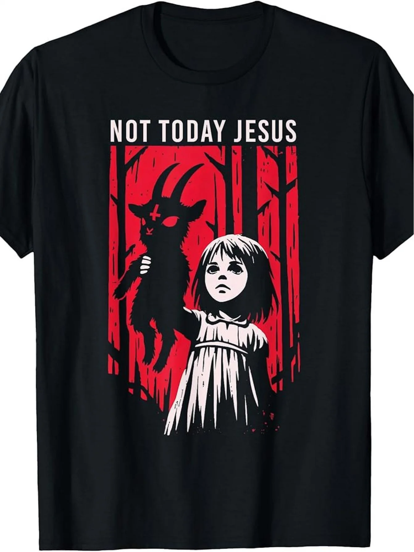 

Men's and Women's Universal Cotton Printed High Quality T-Shirt Made in America Not Today Jesus Satan Goth Black Goat Demon