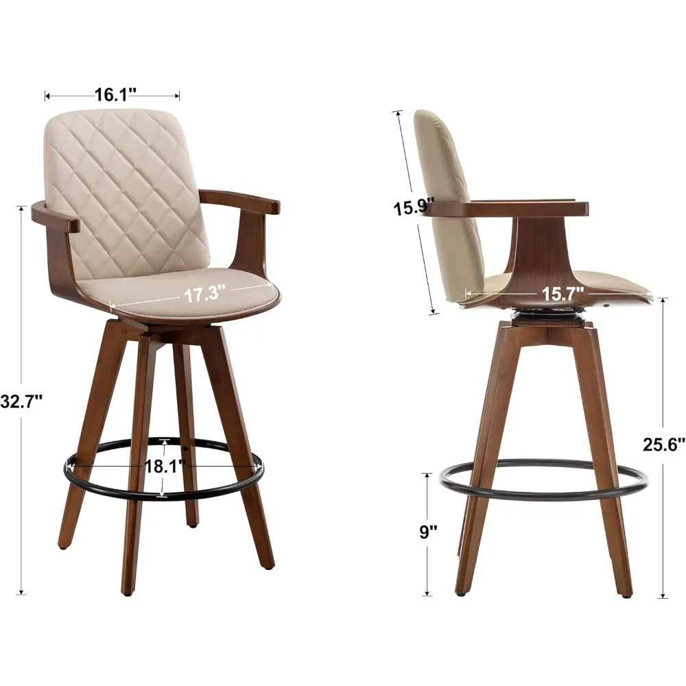 Bar Stools Set of 2, Upholstered Faux Leather Counter Height Bar Stools, Swivel Barstools with Wooden Arms and Legs