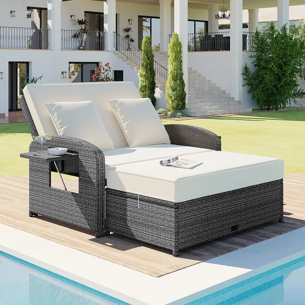 

Pe Wicker Patio Outdoor Daybed, 2-Person Reclining Daybed With Adjustable Ba And Cushions, Patio Conversation Sunbed, Double