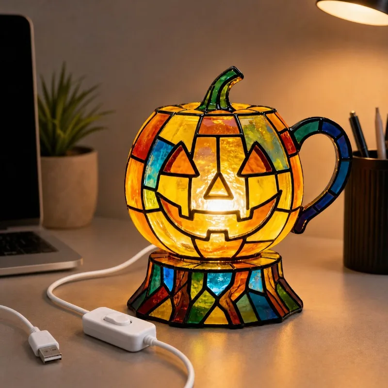 Stained Resin Style Pumpkin LED Table Lamp with USB on/Off Switch,Jack-o-Lantern Desktop Ornament for Home Halloween Party Decor