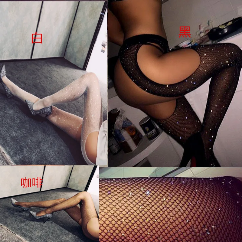 Women Open Crotch Anime Tights Fish Net Pantyhose Thigh High Knee Long Body Stocking Rhinestone Black Mesh Fishnet Adult Socks