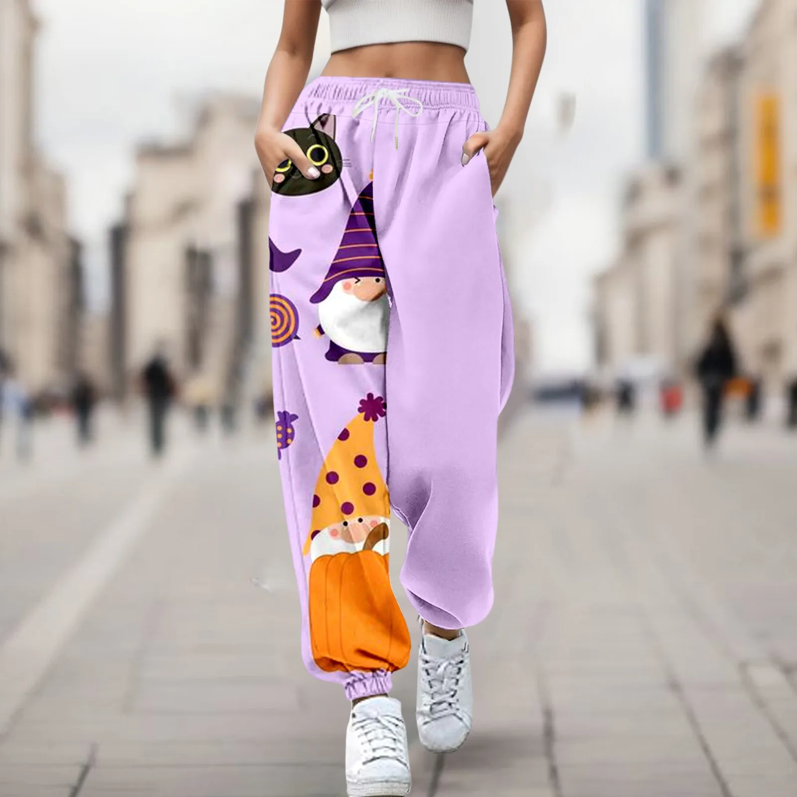 Übergroße Jogging hose für Halloween bequeme Damen hose mit hoher Taille blau kawaii Straight Ghost Pumpkin Print Pantalone