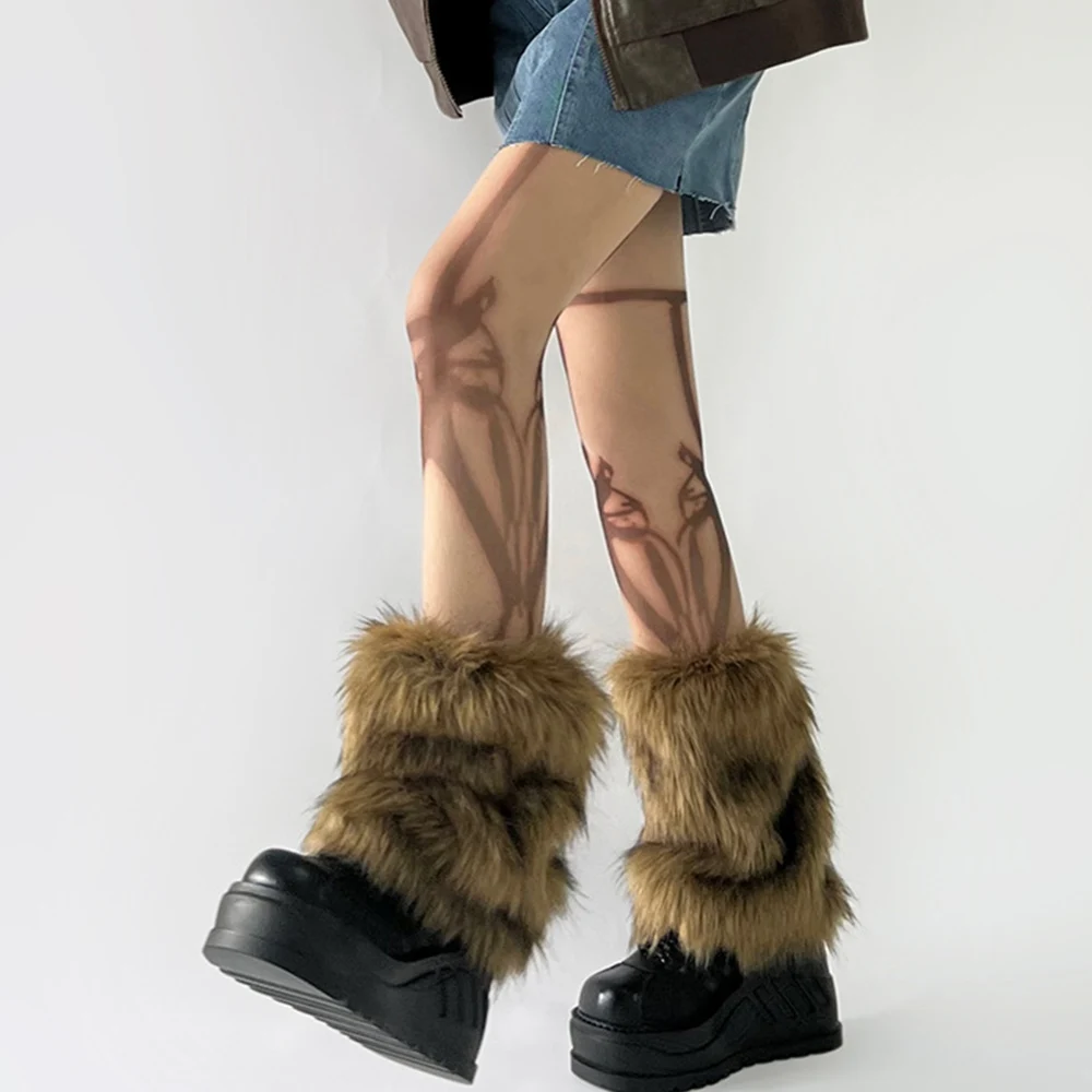 Calentadores de piernas de piel sintética Vintage Y2k para niña, botas peludas cálidas de invierno, calcetines de cubierta Jk Punk, accesorios de Cosplay de hip hop