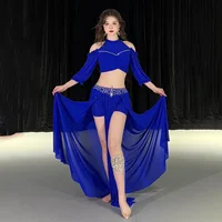 Conjunto de traje de danza del vientre para mujer adulta, Top de media manga de gasa + falda dividida de piedras AB senior, 2 piezas, traje de danza Oriental del vientre