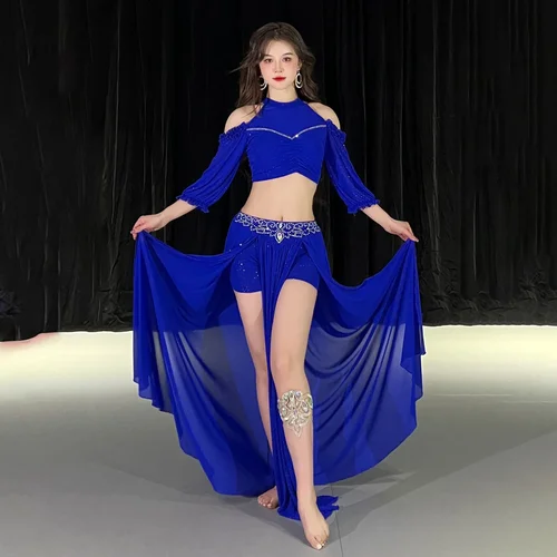 Conjunto de traje de danza del vientre para mujer adulta, Top de media manga de gasa + falda dividida de piedras AB senior, 2 piezas, traje de danza Oriental del vientre