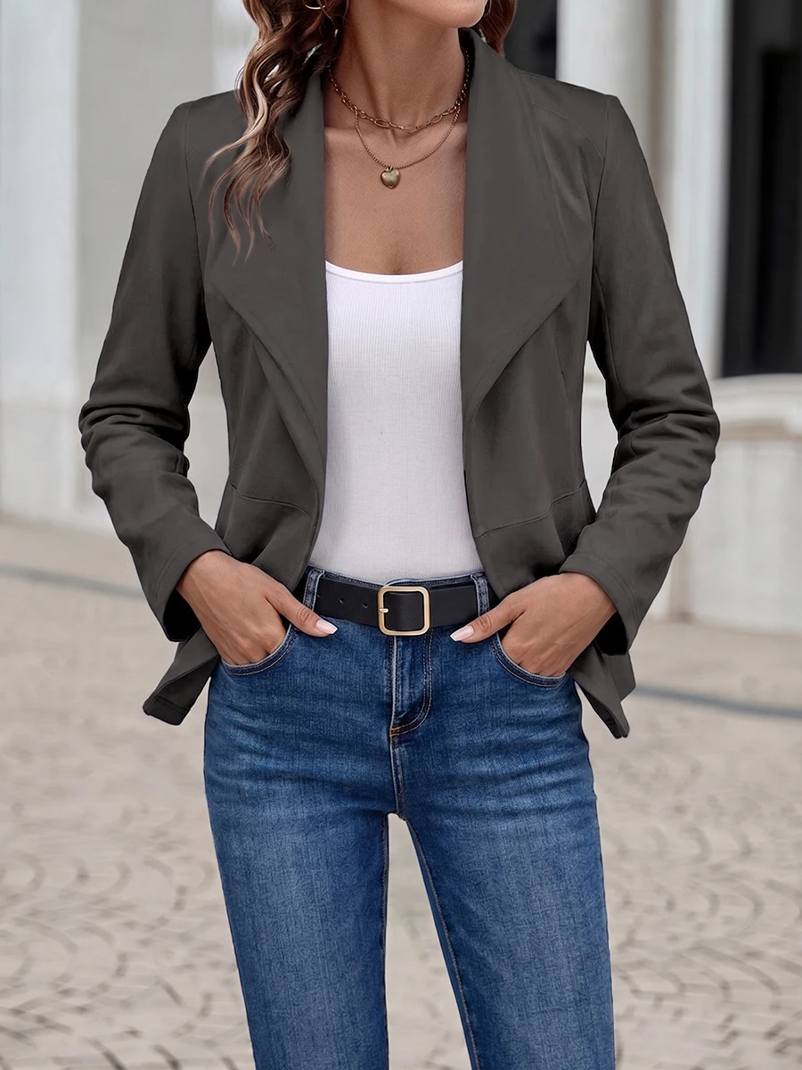 Women Casual Blazer Long Sleeve Lapel Work Suit Jacket Office Lady Elegant Solid Color Open Front Slim Coat Autumn Top Outerwear