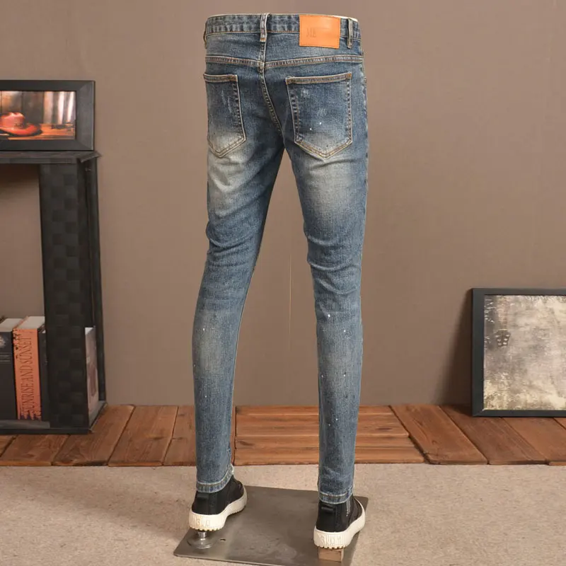 Fashion Streetwear Men Jeans Retro Blue Elastic Skinny Fit Ripped Jeans Men Hole Trousers Patched Designer Vintage Denim Pants