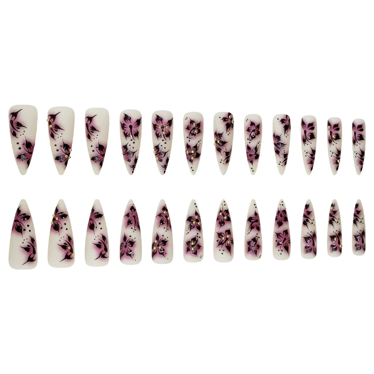 24 stuks donkere bloemen nepnagels druk op acrylnagels draagbaar mode lange stiletto matte kunstnagels 3D gouden kraal decor amandel
