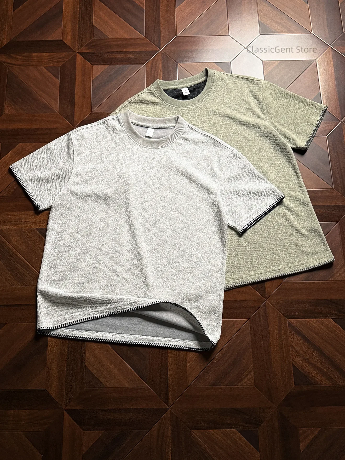 Contrasting Shell Needle Edging 9.1oz Loose Short Sleeve T-Shirt Clean Fit Knitted Sweater