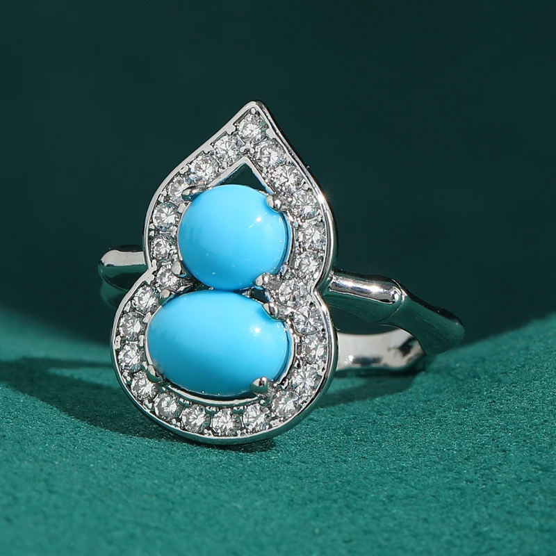 

Vintage Silver Plated Hollow Calabash Retro Rings Turquoise Natural Stone Rhinestone Jewelry Luxury Ladies Valentine's Day Gift