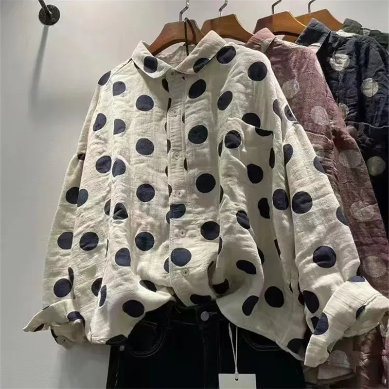 

Spring and Autumn Women's Clothing New Crew Neck Lapel Single-breasted Double Cotton Long Sleeve Women's Shirt