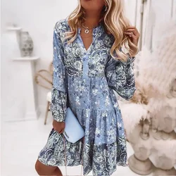 Women's Spring and Autumn New Knee Length Dress Sexy V-neck Style Sweet Printed Temperament Long Sleeve Swing Dress  Boho Dress