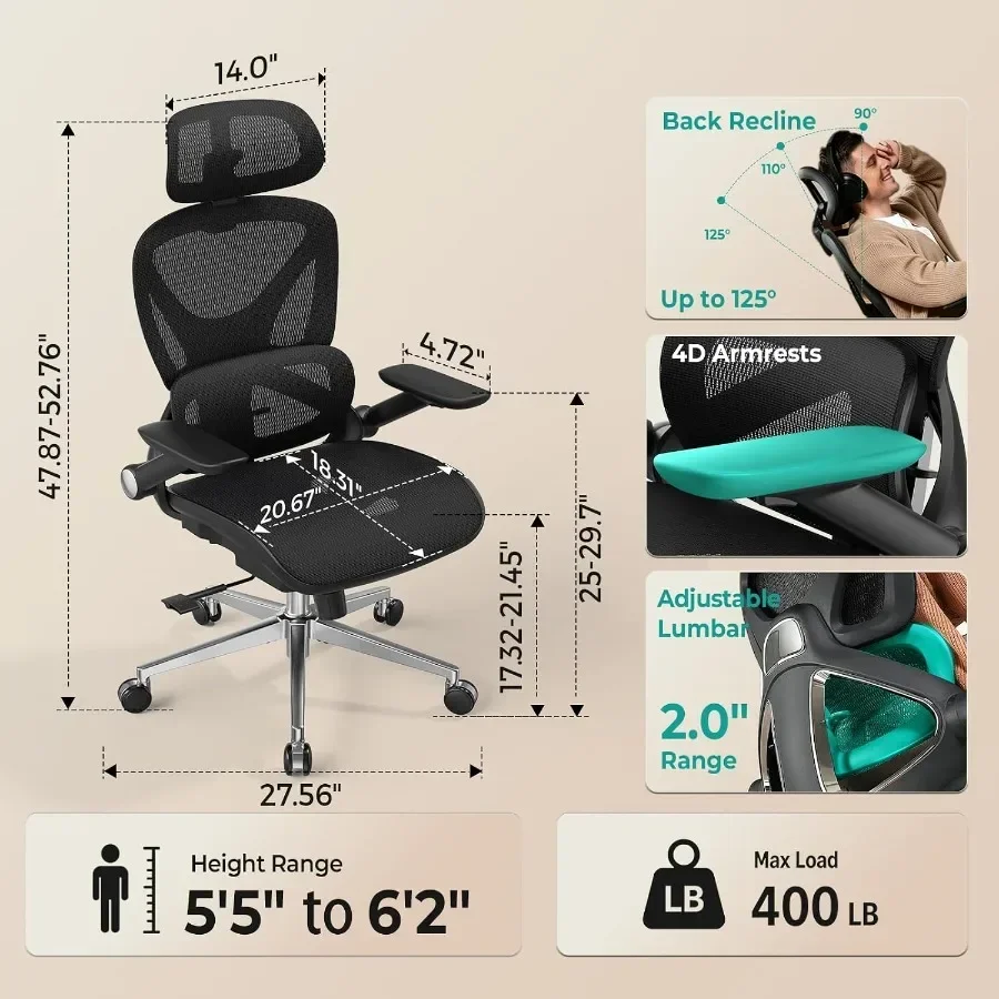 Ergonomic Mesh Office Chair for Long Desk Work, Black Mesh PU, Adjustable Lumbar Support, 4D Flip-up Arms, 3-Tilt Backrest, 3D