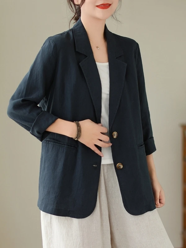 여성용 대형 사이즈 면 린넨 긴 소매 캐주얼 수트 재킷 2025년 봄 트렌디 아우터웨어 싱글 버튼 클로저 단색