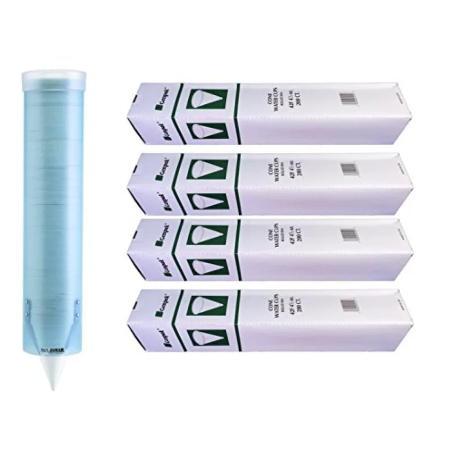 

MC Distributors Cone Cup and Dispenser Bundle - Compostable 4.5 oz. Paper Cone Water Cup 4-Pack and C3165FBL Wall Mount Dispens