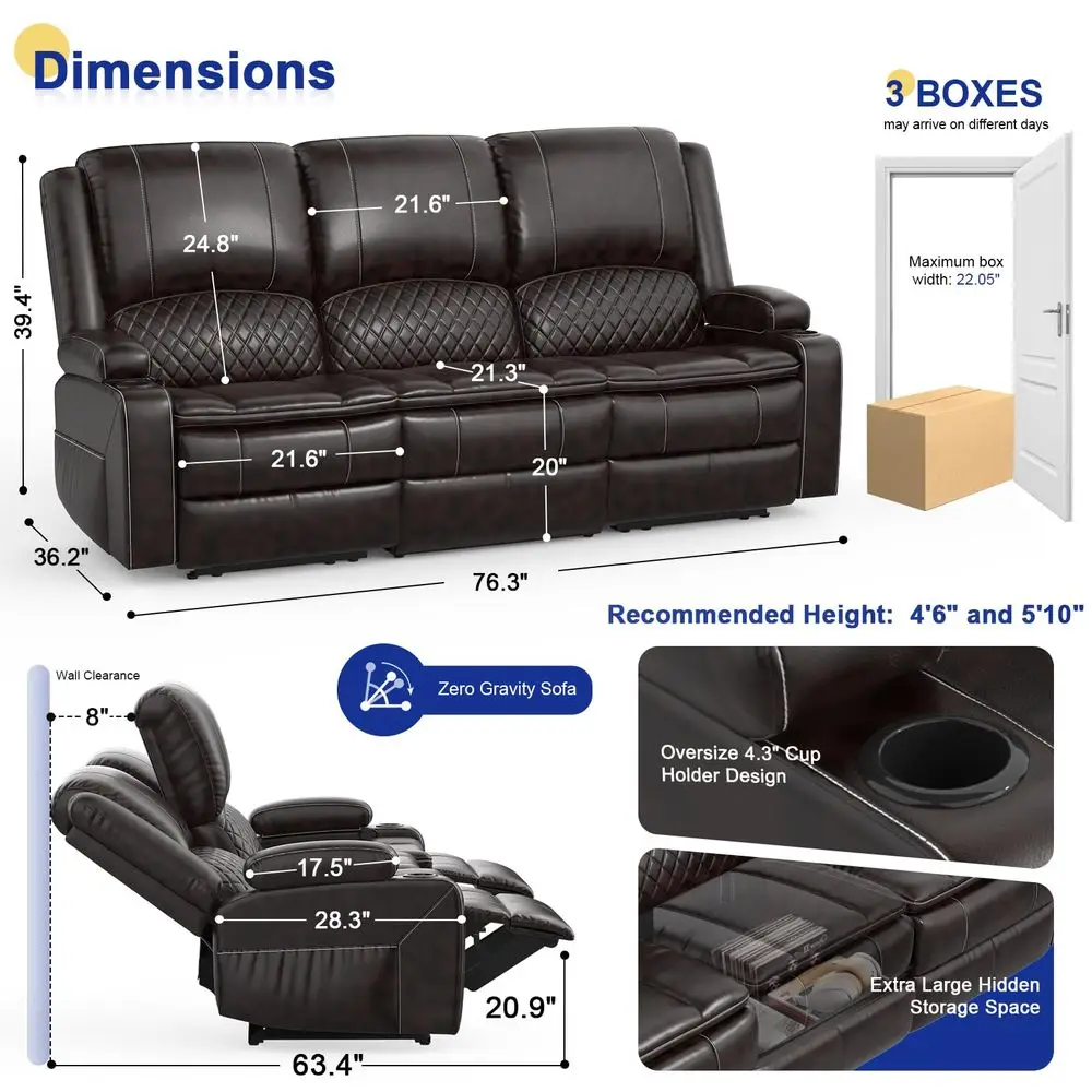

Sofa 3 Seater Sofa with Recliner, Home Theater Seating with Liftable Console amp Removable Armrest, Manual PU Leather Reclining