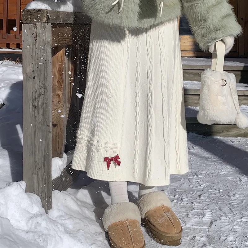 

Korean Style Bow Knitted Skirts for Women Autumn Winter A-line White Midi Skirts Sweet Girls Skirts Female Preppy Style Clothes