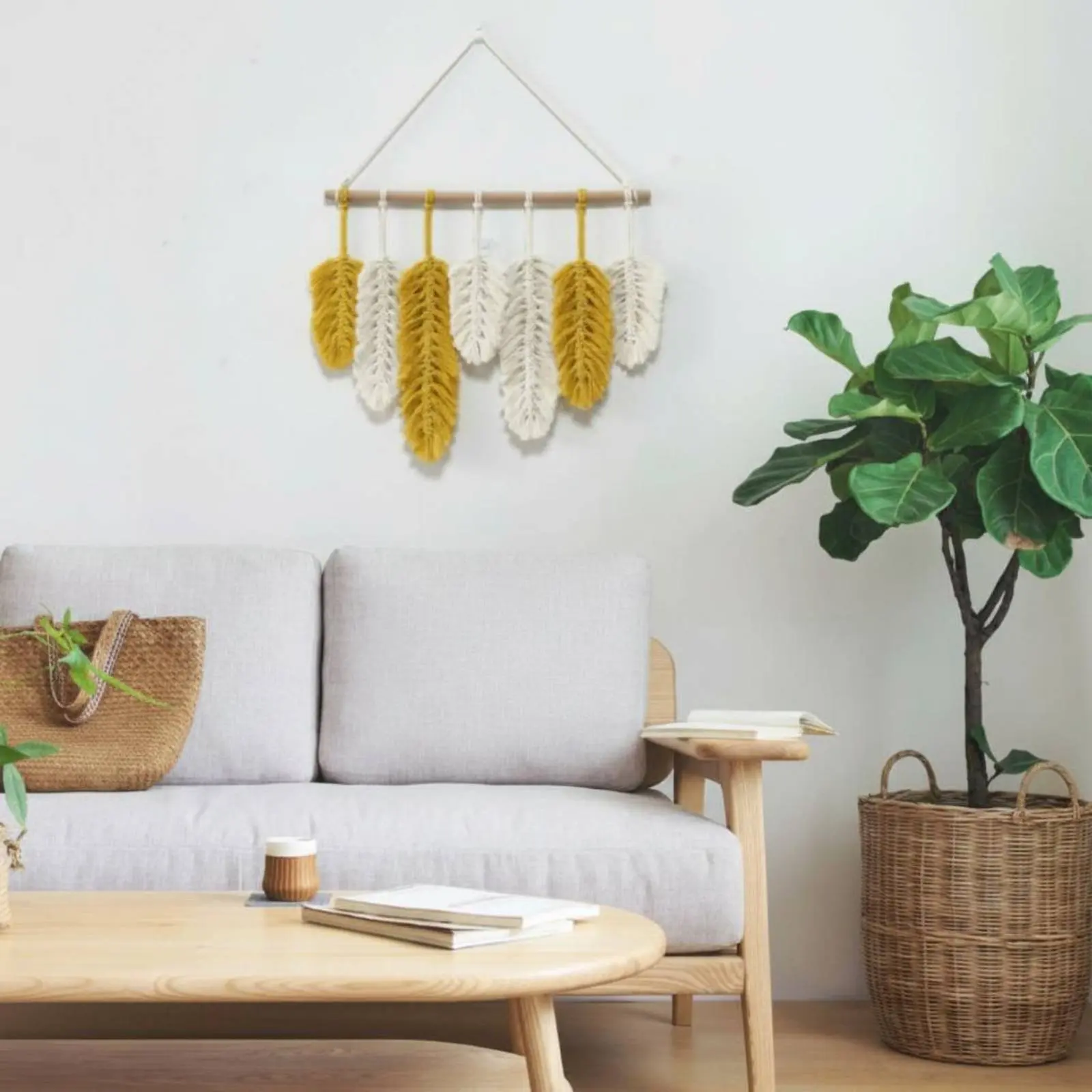 Macrame Feather Wall Hanging Handmade Foliage Wall Hanging Foliage Tassel Tapestry Natural Cotton Home Decor Soft Textile - view 6