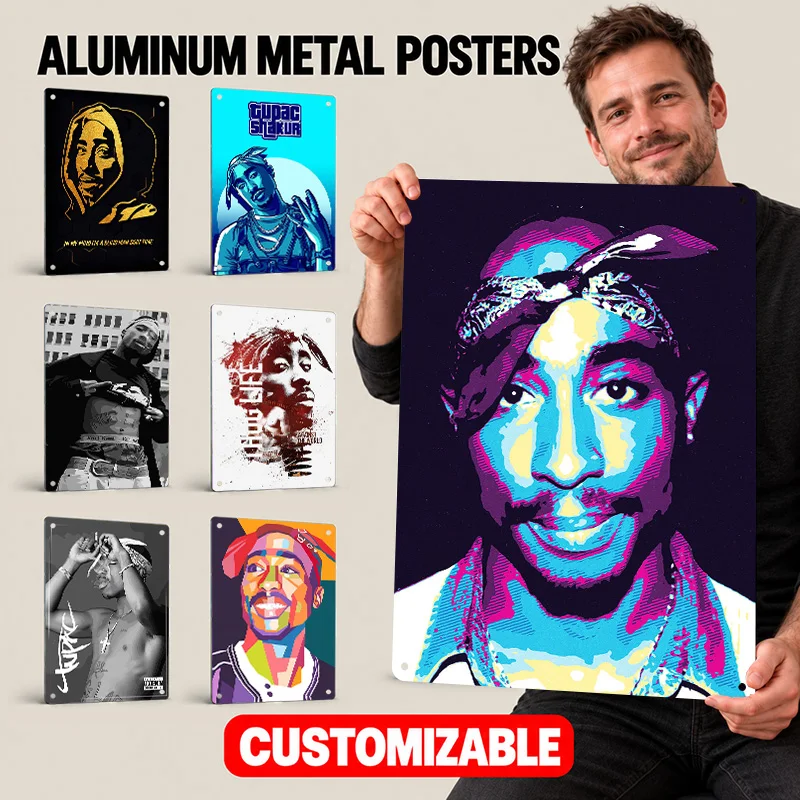Tupac Shakur Rapper Aluminum Posters Customized Metal Sign West Coast Hip Hop Theme Wall Art For Man Cave Concert Lover Gift