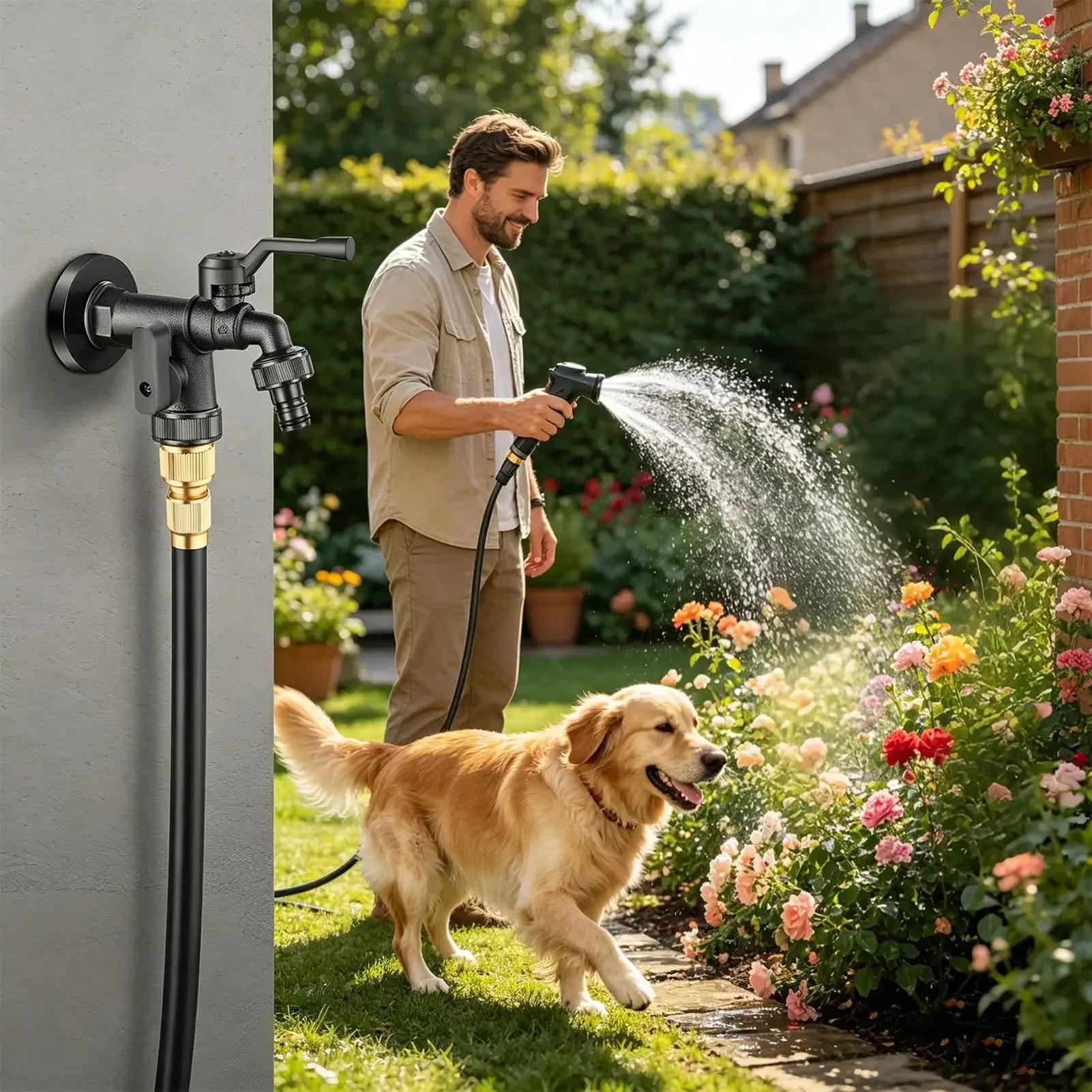 Double Outlet Water Faucet Heavy Duty Anti-Freeze Frost-Proof Tap 2-Way Faucet For Outdoor Garden For Car Washing Flowers