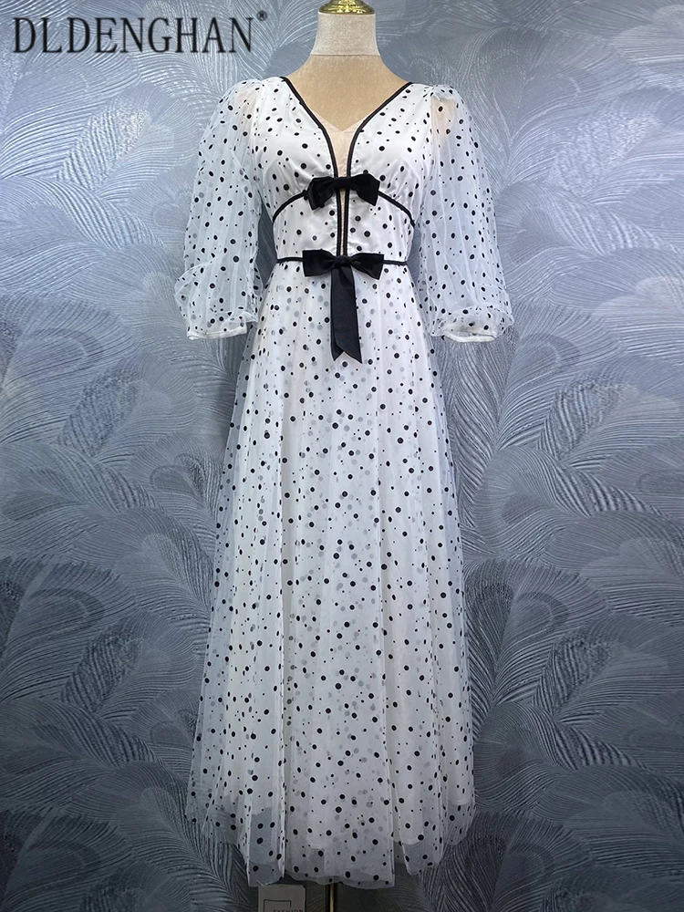 

DLDENGHAN Women's Vintage Dot Mesh Dress V-neck Puff Sleeve Bow Detail Elegant Party Summer Fashion Female