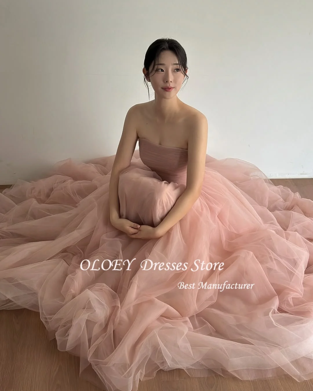 

OLOEY Fairy Princess Korea Evening Dresses Tulle Strapless Detachable Shawl A-line Photoshoot Wedding Party Dress Customize 웨딩
