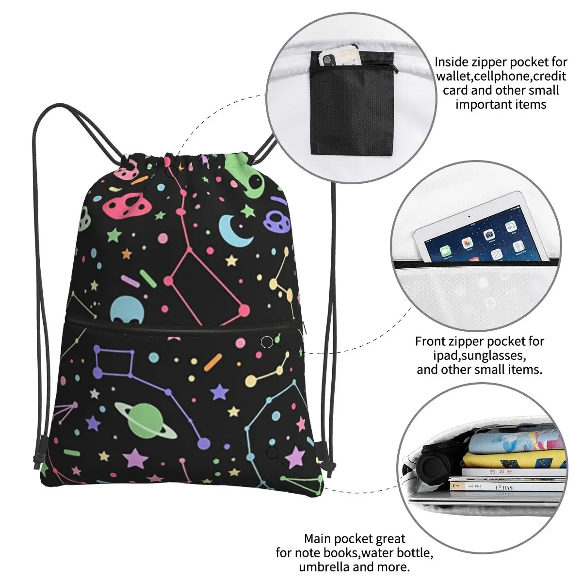 Night Sky Constellations With UFOs Portable Backpacks Drawstring Bag Drawstring Bundle Pocket Sundries Bags For School Students