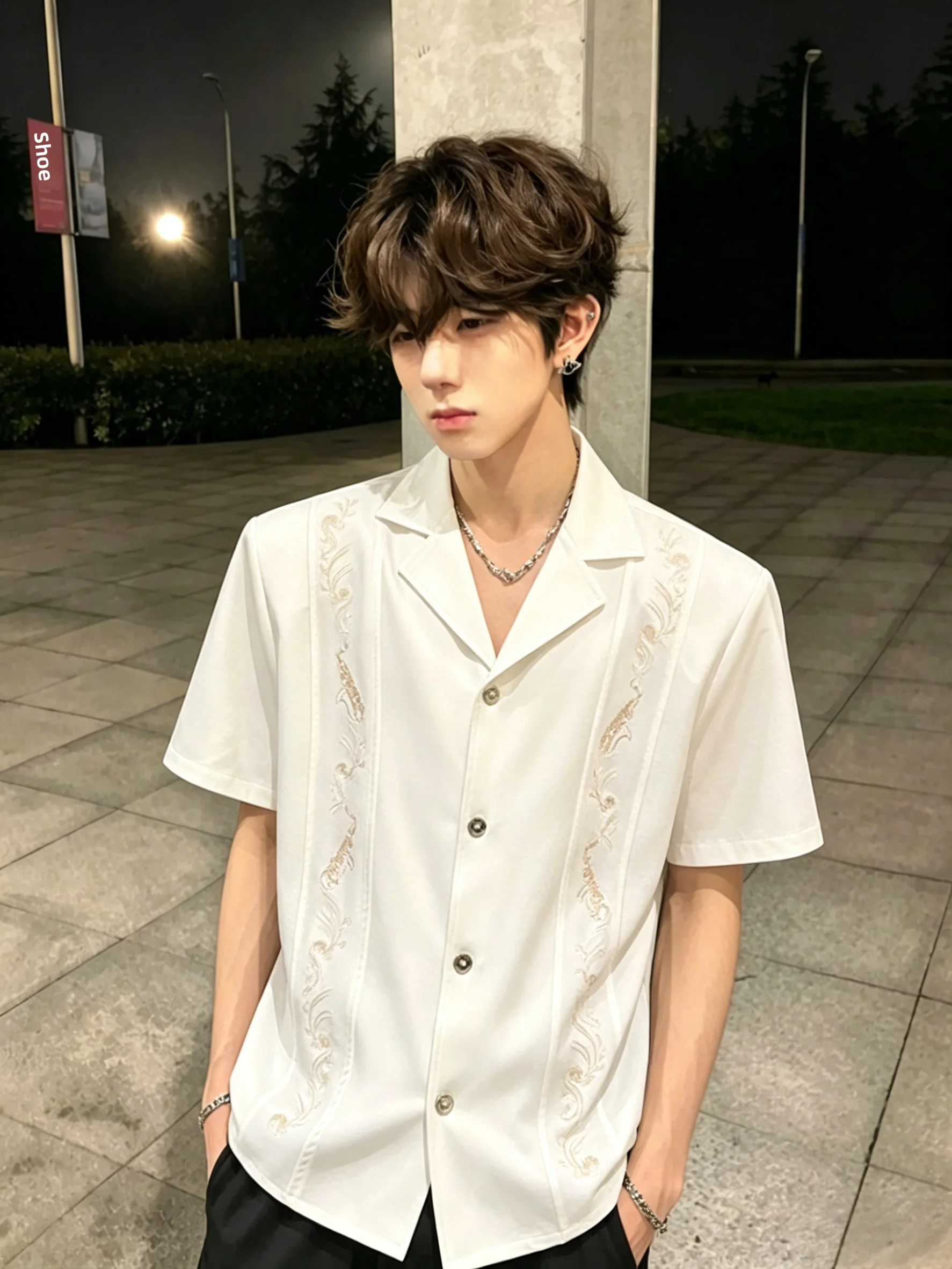 

Cuban Collar Embroidered Ice Silk Short Sleeve Shirt Shoulder Pad Men's Fashion Summer Thin Regular Fit Casual Style Shirt
