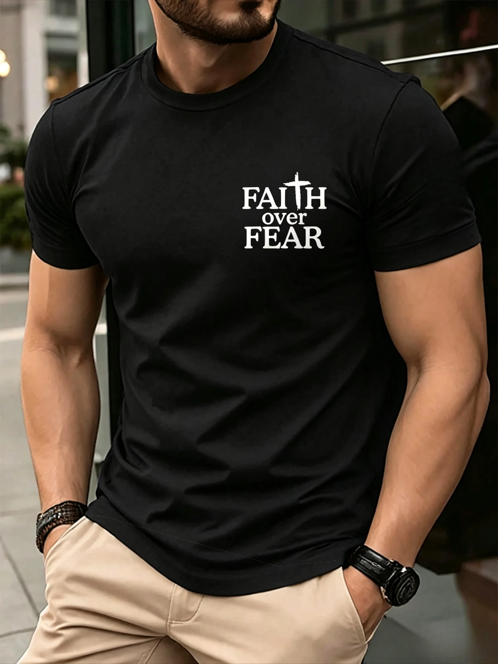 Family Matching T‑Shirt Faith Over Fear Letter Cross Chest & Sleeve Print Parent‑Child Loose Casual Cotton Tee Tops