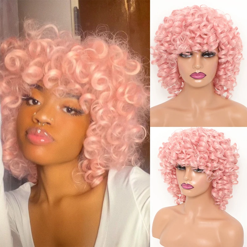 Perucas sintéticas curtas soltas encaracoladas com Franja para mulheres, cabelo natural Cosplay, cabelo Bouncy, peruca afro Kinky Curly, rosa, marrom, gengibre