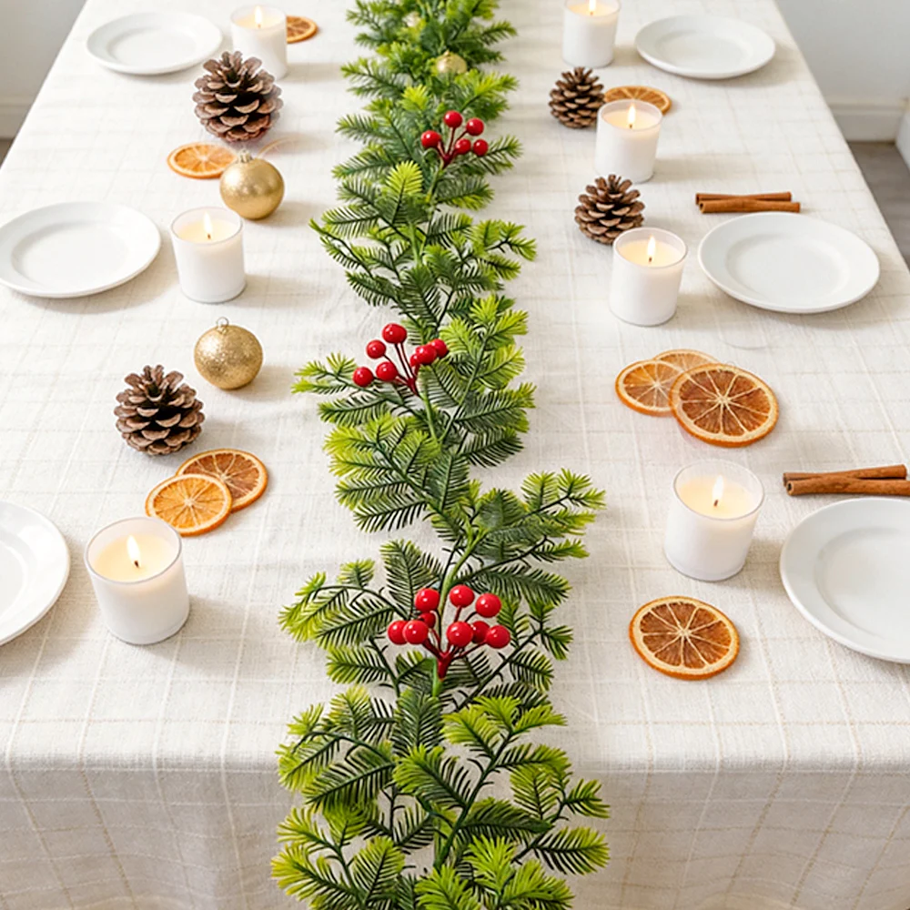 175cm Artificial Christmas Vines Fake Hanging Plants Faux Persian Garland Leaves With Foam Red Fruits For Xmas Home Party Decor