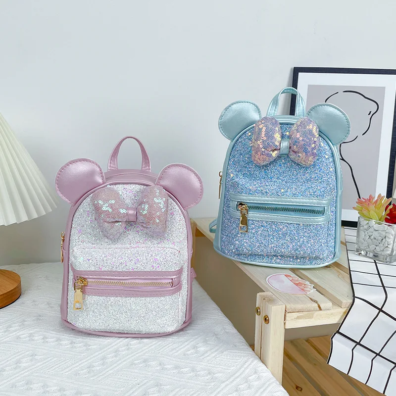 Novas crianças lantejoulas mochila menina moda tendência faísca arco orelhas bonito saco de escola princesa saco de viagem ao ar livre bg129